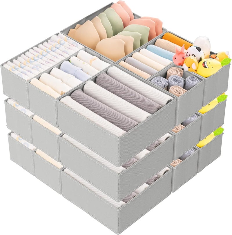 Criusia 15 Pack Drawer Organizer for Clothes, Foldable Dresser Dividers with 3 Sizes, Fabric Storage Bins – Gray - Image 1
